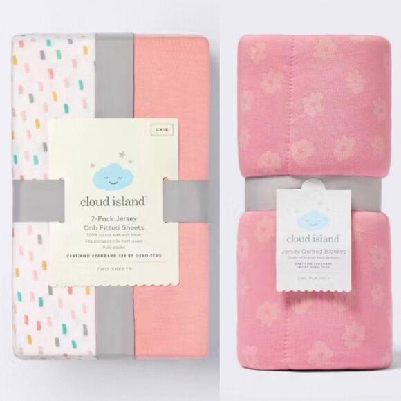 Cloud Island 2-Pack Jersey Crib Fitted Sheets & Jersey Quilted Blanket Set Pink - Picture 1 of 10